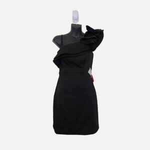 Ieena Mac Duggal Size 0 One Shoulder Ruffle Mini Dress Black Cocktail NEW $278